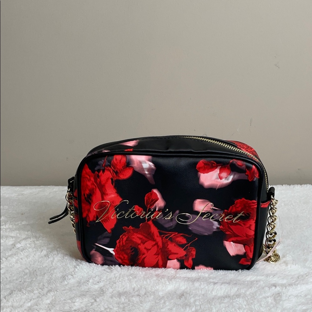 Victoria's Secret Black and Red Floral Crossbody Bag With Gold Shoulder Chain
